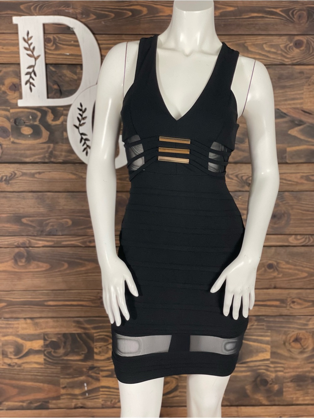 Kate Collection | Bodycon V-Neck Bandage Dress with Mesh Cut Out Tiered Ribbed